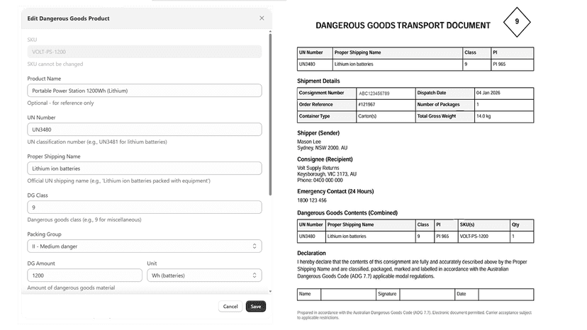 Dangerous goods configuration and compliant documentation
