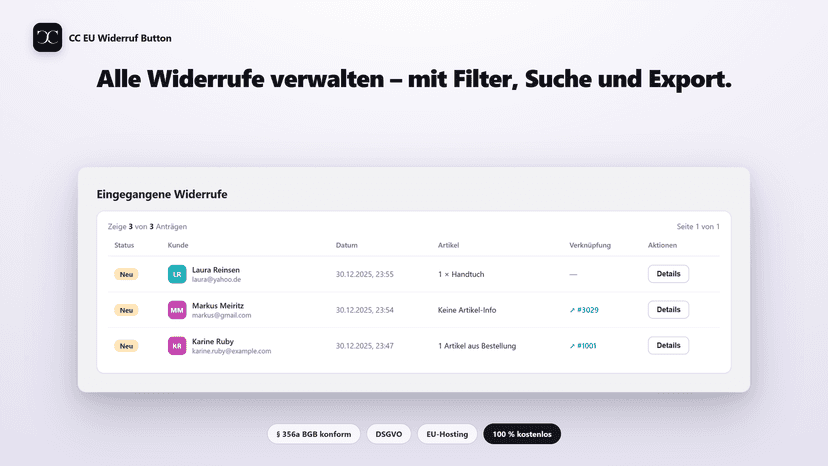 Widerrufe-Liste mit Filter, Suche und Export