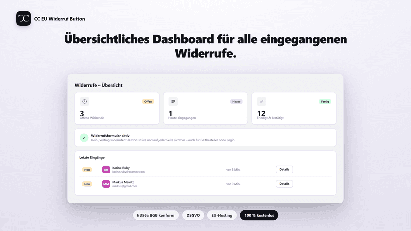Händler-Dashboard mit allen eingegangenen Widerrufen