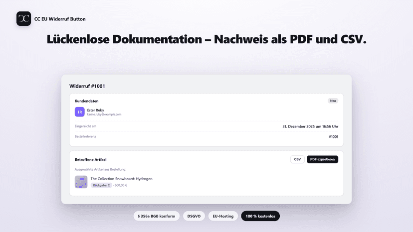 Widerruf-Detail mit Nachweis als PDF und CSV