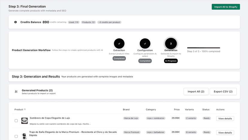 Import generated AI products with image and variants
