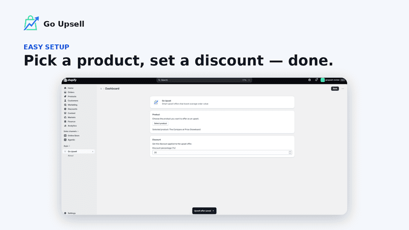Go Upsell admin: pick a product and set a discount