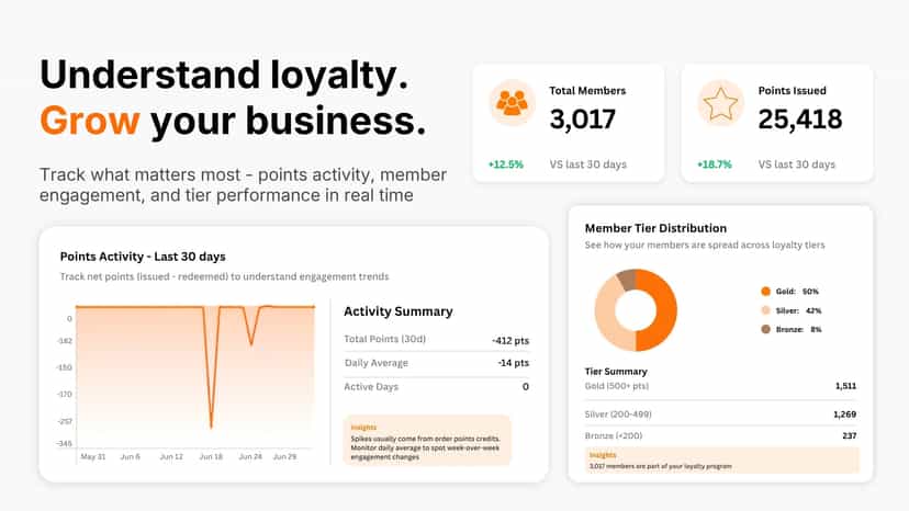 Merchant analytics dashboard tracking points and member tiers.