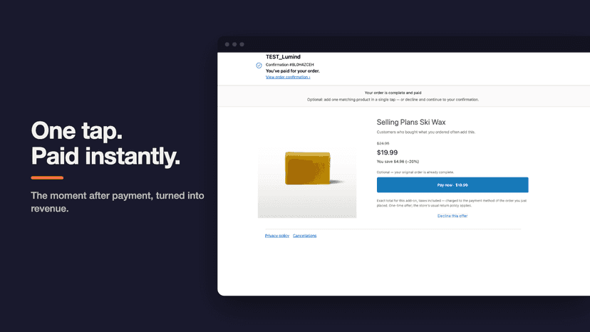Post-purchase screen with one-tap Pay now button