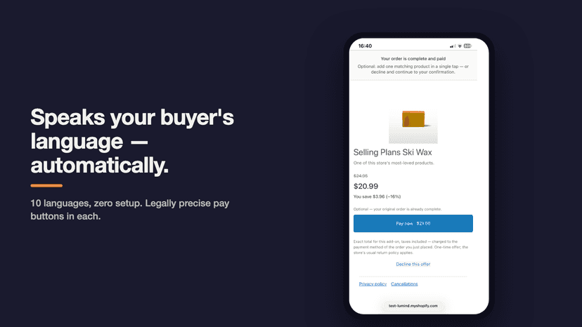Mobile post-purchase screen with one-tap payment