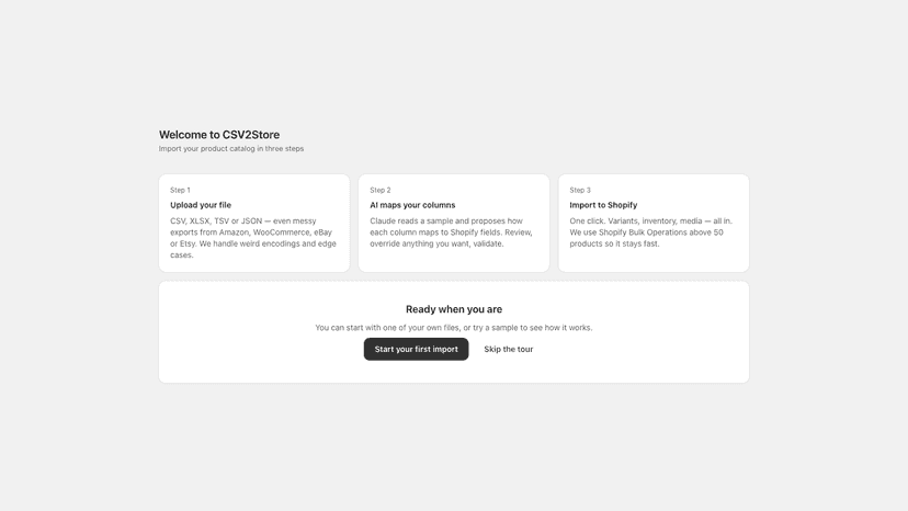 CSV2Store welcome screen with three-step import flow