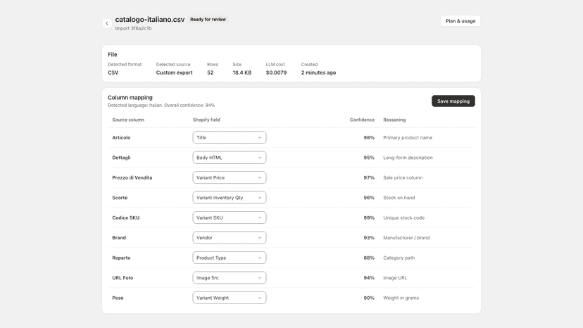 AI column mapping review with per-column confidence scores
