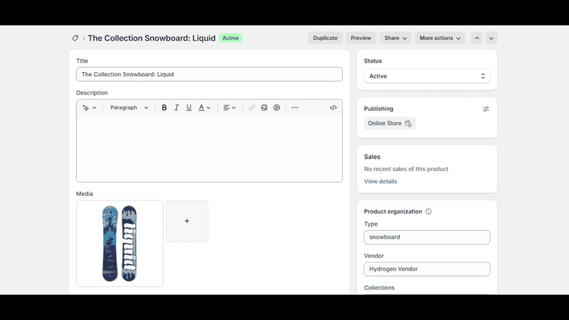 Shopify Product View page with product info, media, and status.