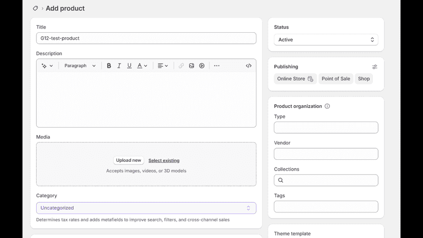 Shopify Add Product page with product title, media, and details.