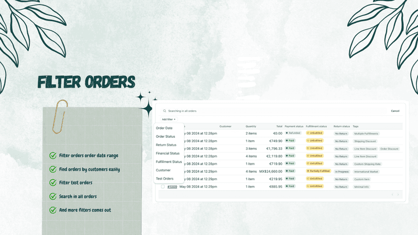 Filter orders by date, status or customers
