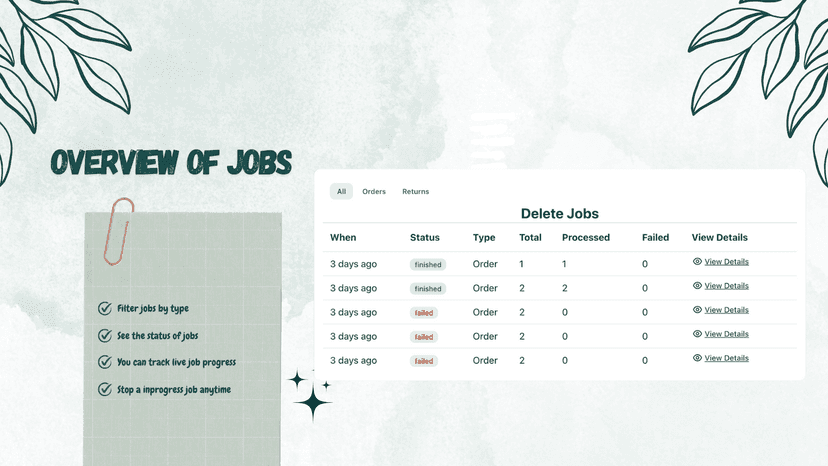 Overview the all jobs by type and track progress live