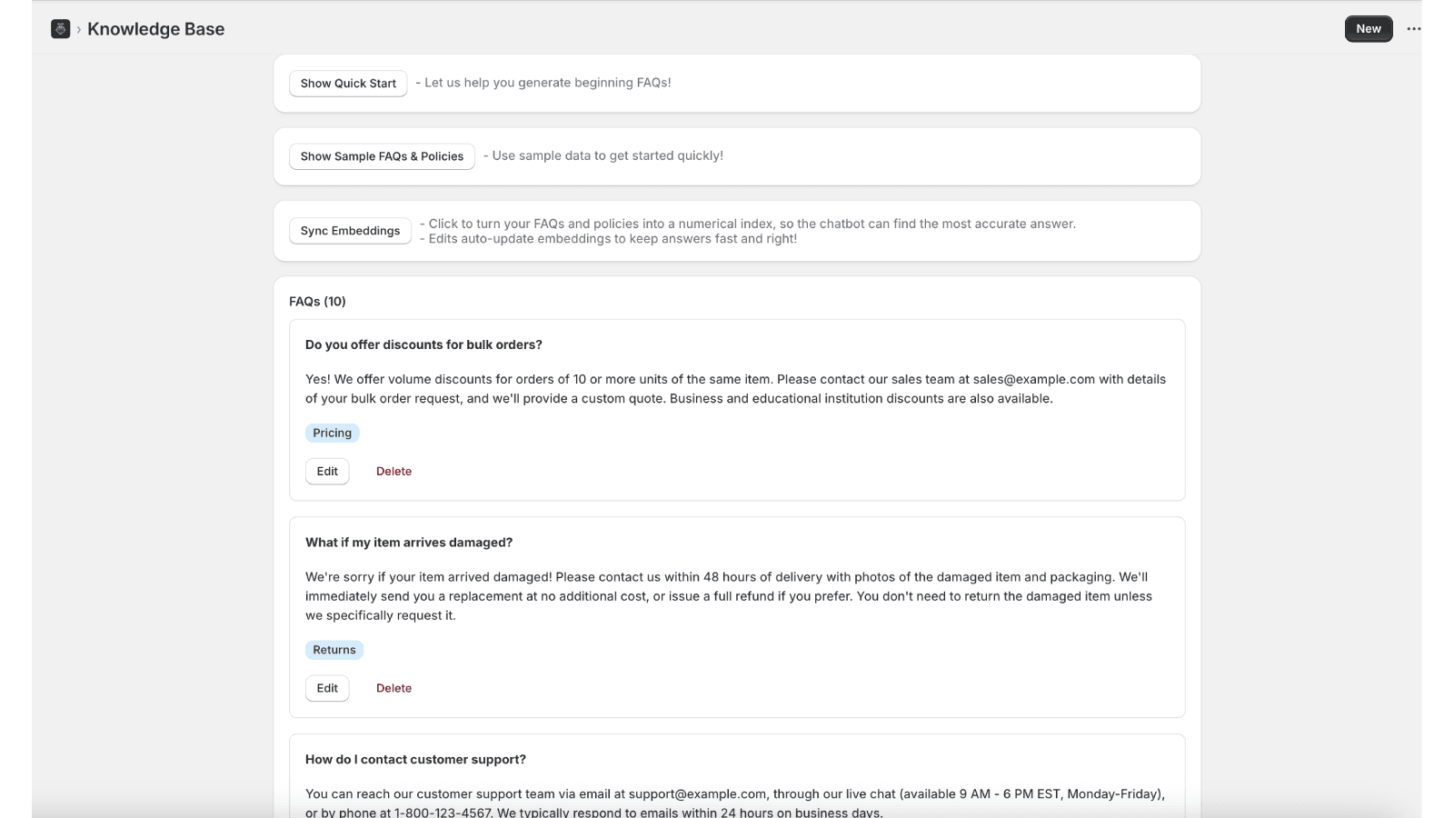 app allows customized FaQs and policy for answers