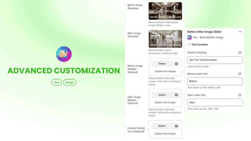 Pro - Before|After Image: Advanced Customization Settings