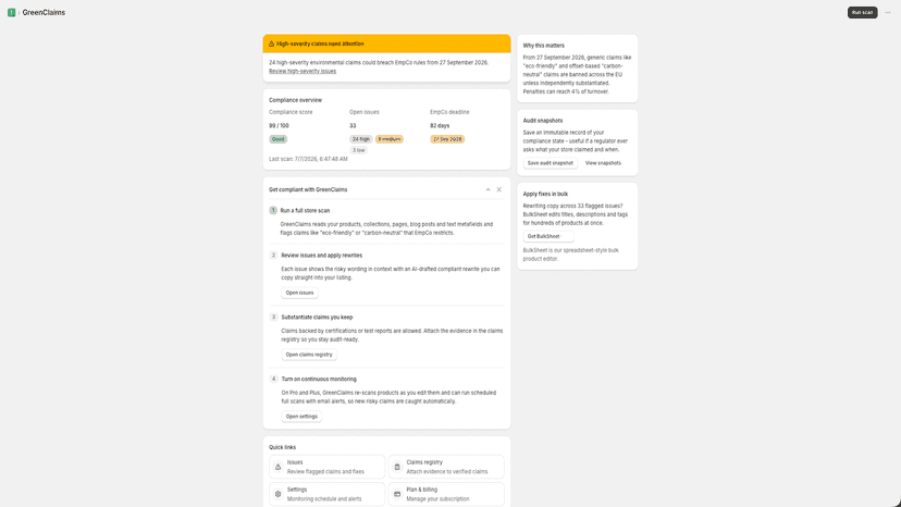 GreenClaims dashboard: compliance score, issues, EmpCo deadline