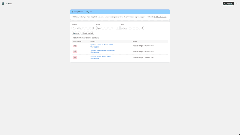 Flagged environmental claims grouped by product, with filters