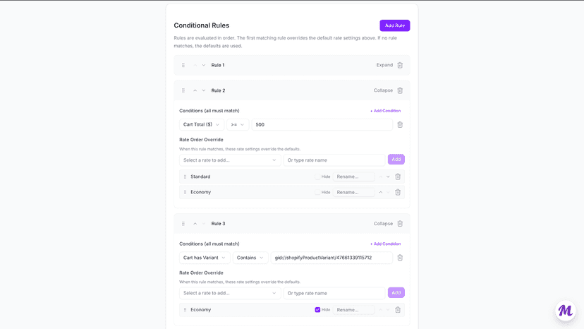 Conditional rules with cart total and product conditions
