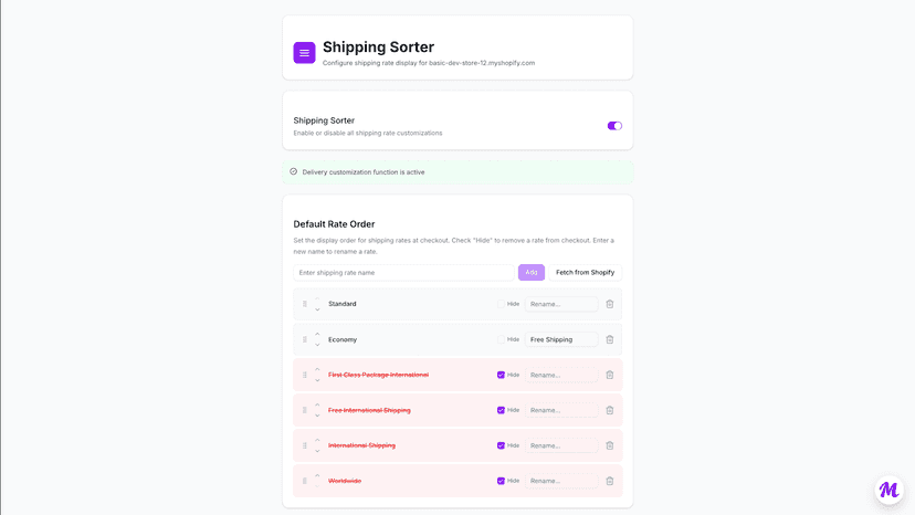 Dashboard with drag-to-reorder, hide, and rename controls