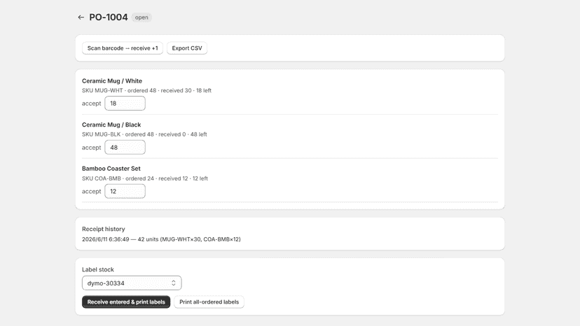Receiving a purchase order with partial quantities