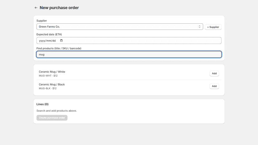 Creating a purchase order with live catalog search