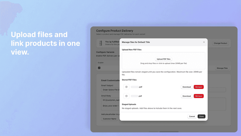 Settings screen to upload files and link Shopify products