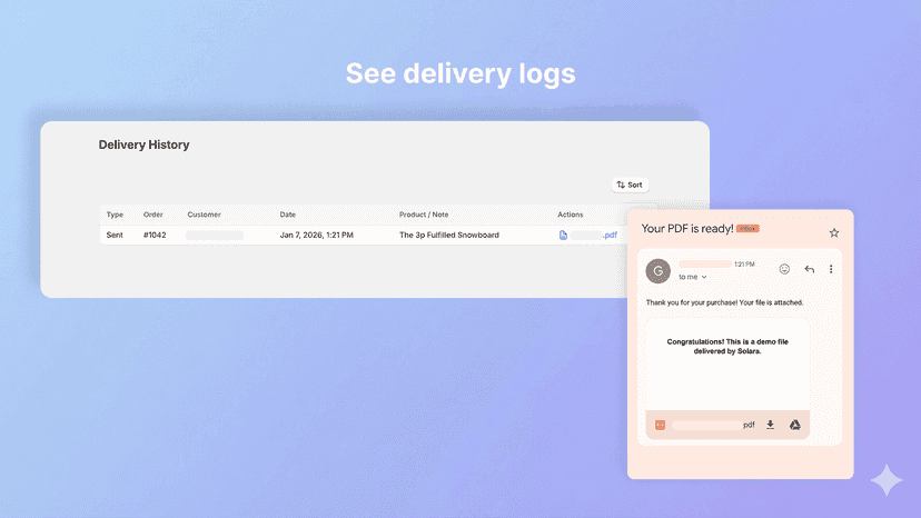 Split view of app delivery log and received customer email