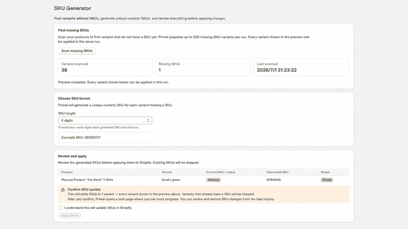 SKU Generator page for finding missing SKUs