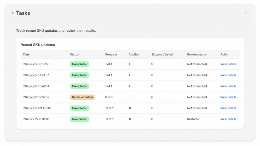 Task history for SKU apply runs