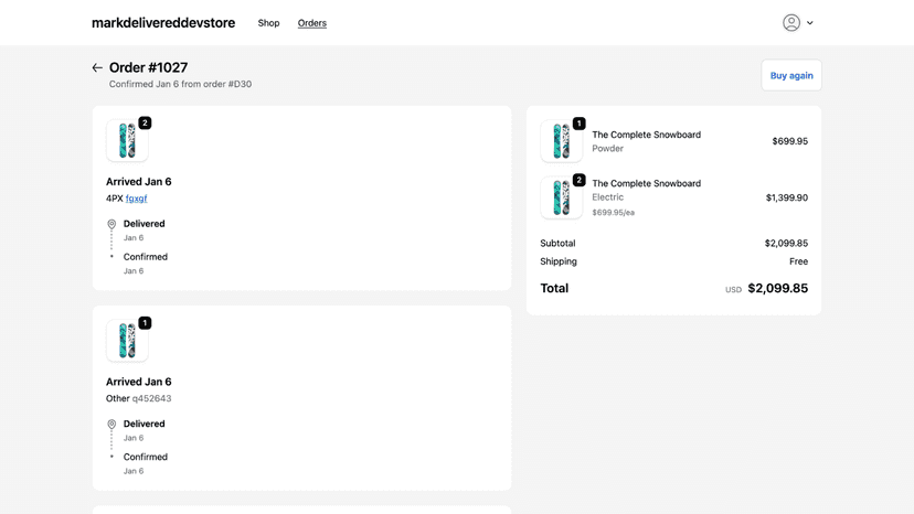 Customer order page shows delivery marked as delivered