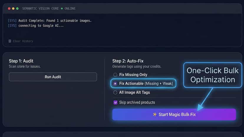 One-click bulk image alt text generator for Shopify SEO.