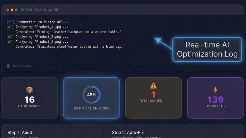 Real-time AI SEO optimization log for Shopify product images.