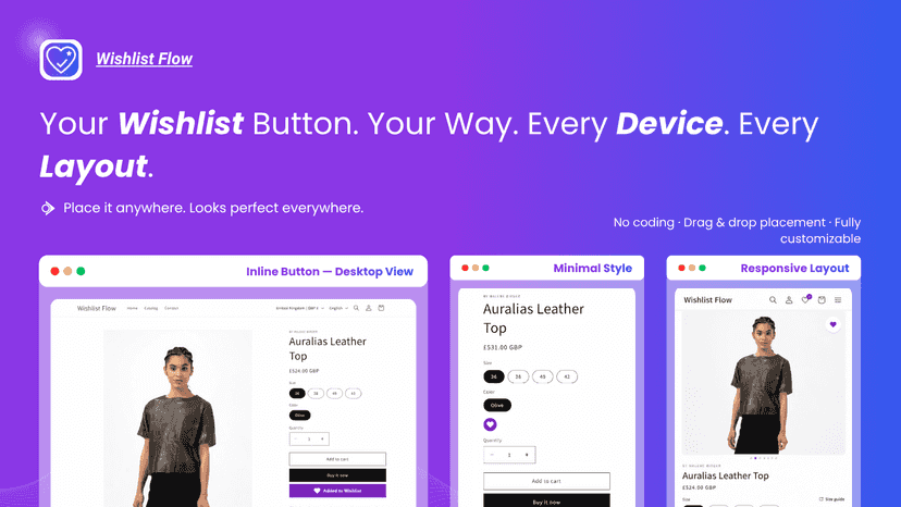Wishlist button setup options on Shopify product page template.