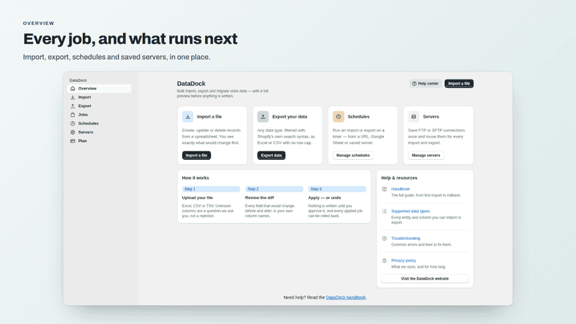 DataDock overview with import, export, schedules and servers
