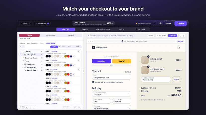 Branding editor with a live checkout preview