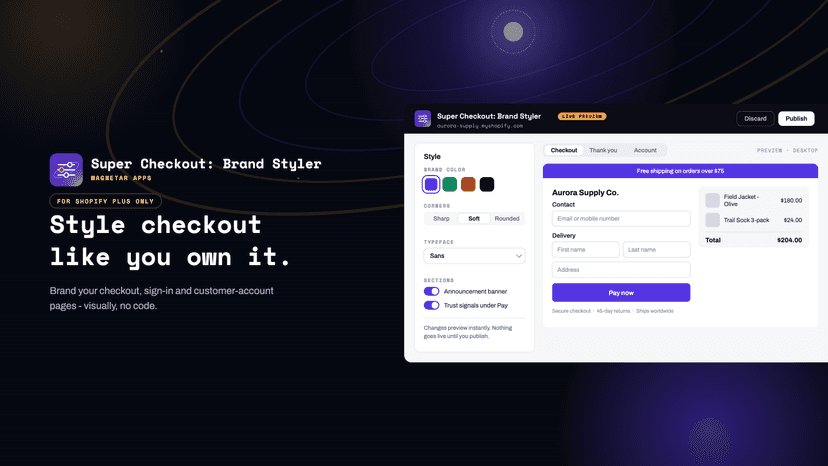 Super Checkout: Style editor with live branded checkout preview