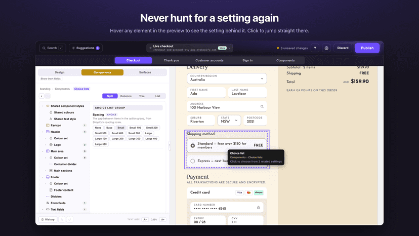 Hover a preview element to reveal its setting
