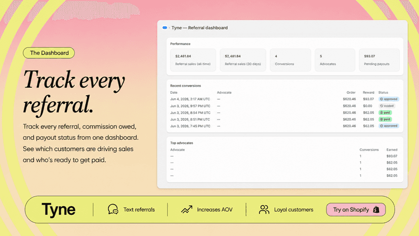 Tyne checkout thank-you page widget — customers get their referr