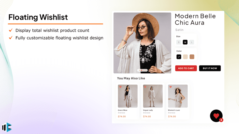 Floating wishlist with product count and custom design