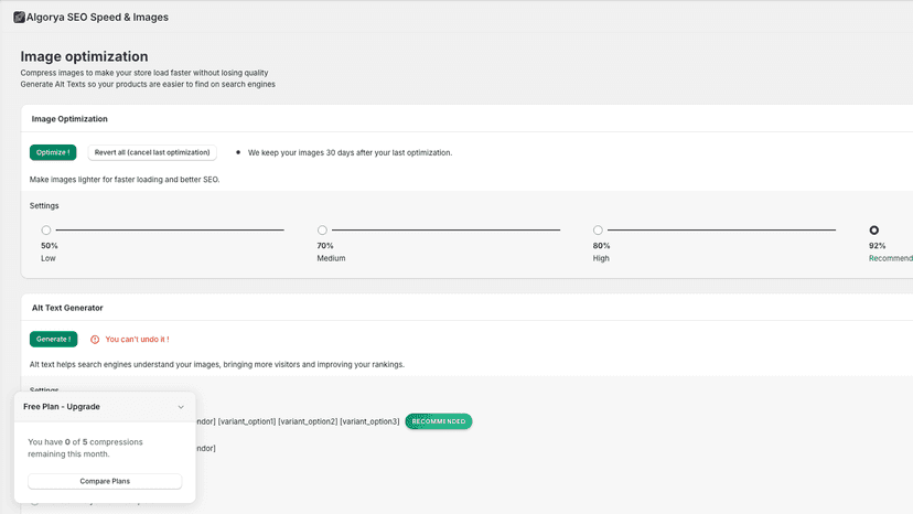 Main view where you can optimize image size, alt-text.