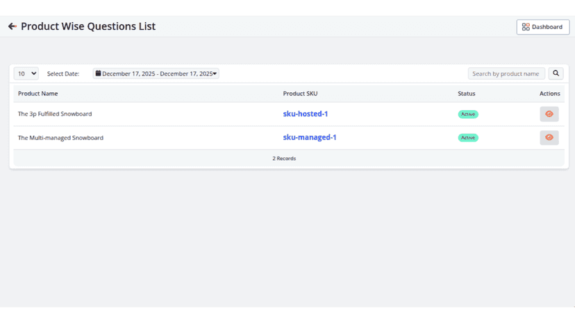Product-wise question list with SKU, status, and quick actions