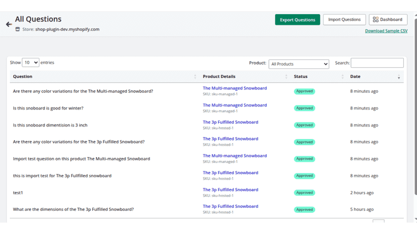 View, filter, import, and export all product questions easily