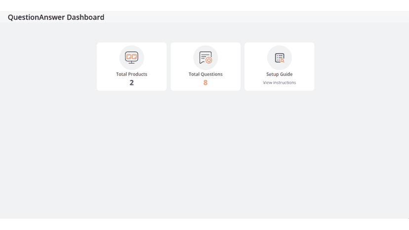 Dashboard showing total products, total questions, setup guide