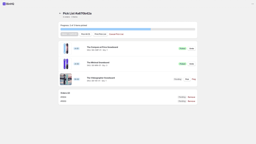 Pick list with products