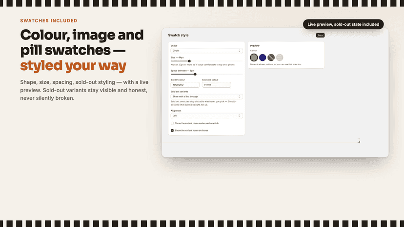 Swatch style settings with live preview and sold-out state