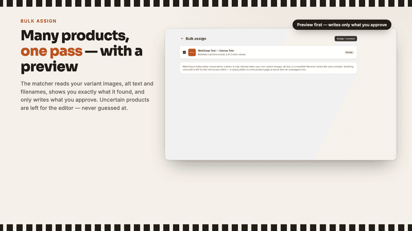 Bulk assign with preview — writes only what you approve