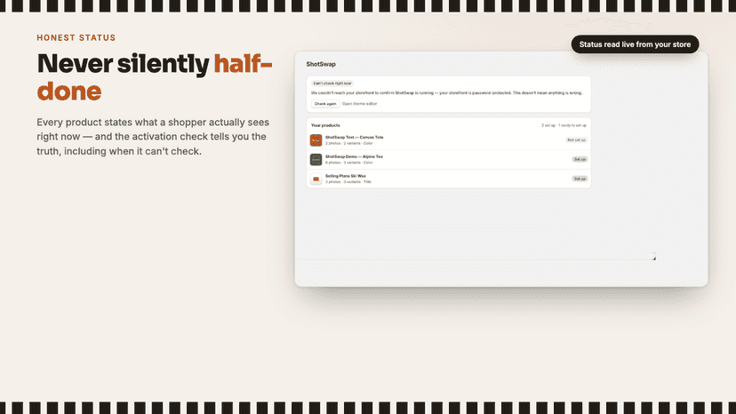 Every product shows honest per-colour status, read live