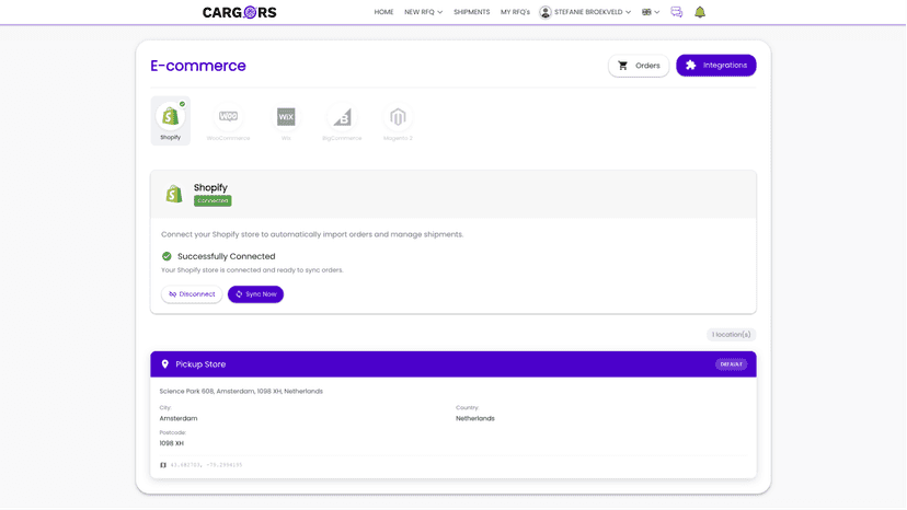 Synced orders screen Cargors