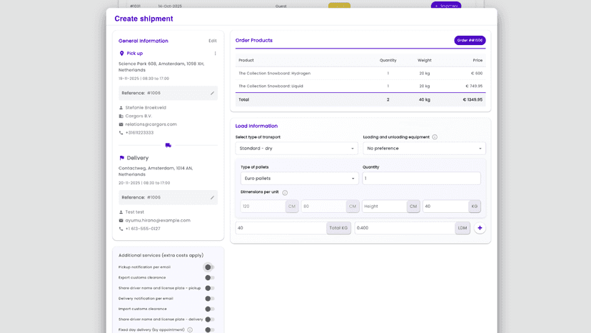 Create shipment Cargors Portal