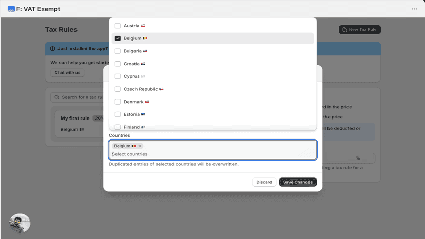 Selection of countries for tax rules in VAT Exempt app