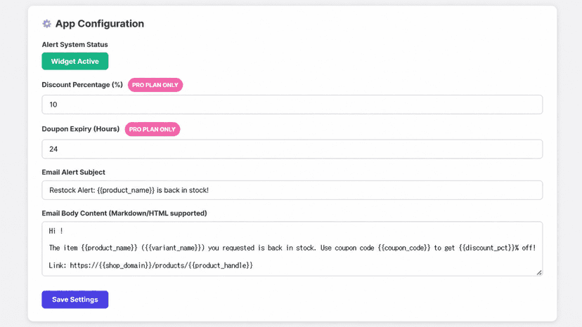 Pro plan coupon settings with discount percentage and expiry