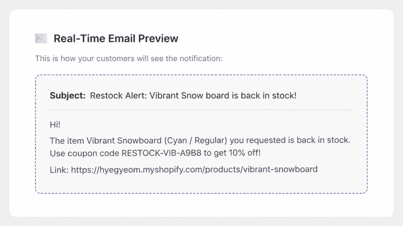 Real-time email preview showing coupon code in notification